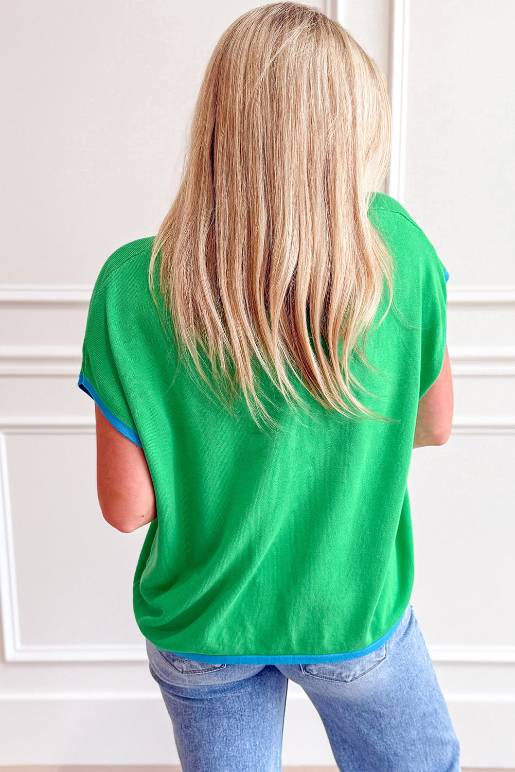 Contrast Trim Round Neck Short Sleeve Loose Knit Sweater