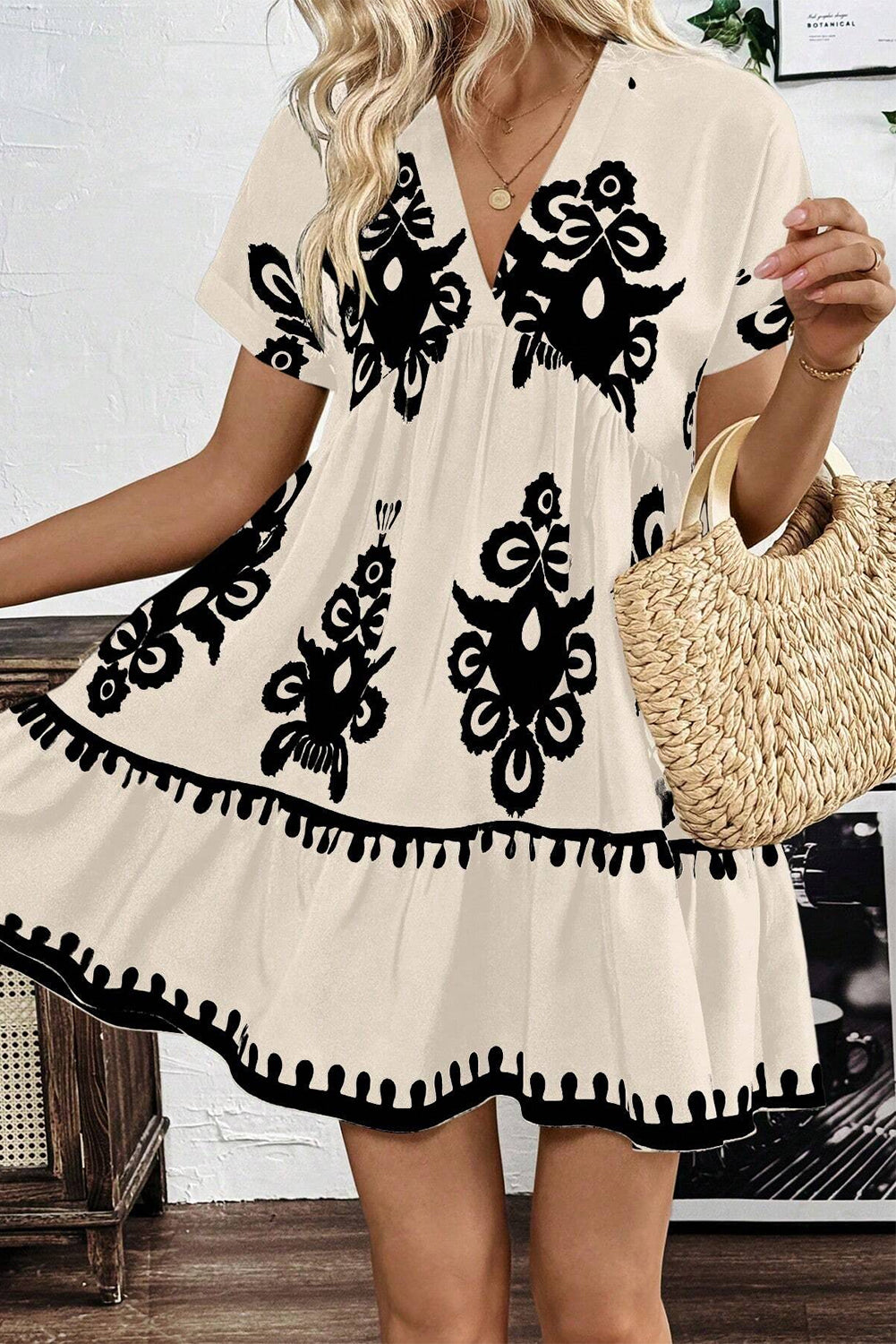 Vintage Print V Neck High Waist Short Sleeve Dress