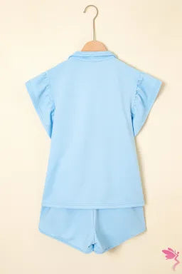Striped Detail Flutter Sleeve Zipped Collar Short Set