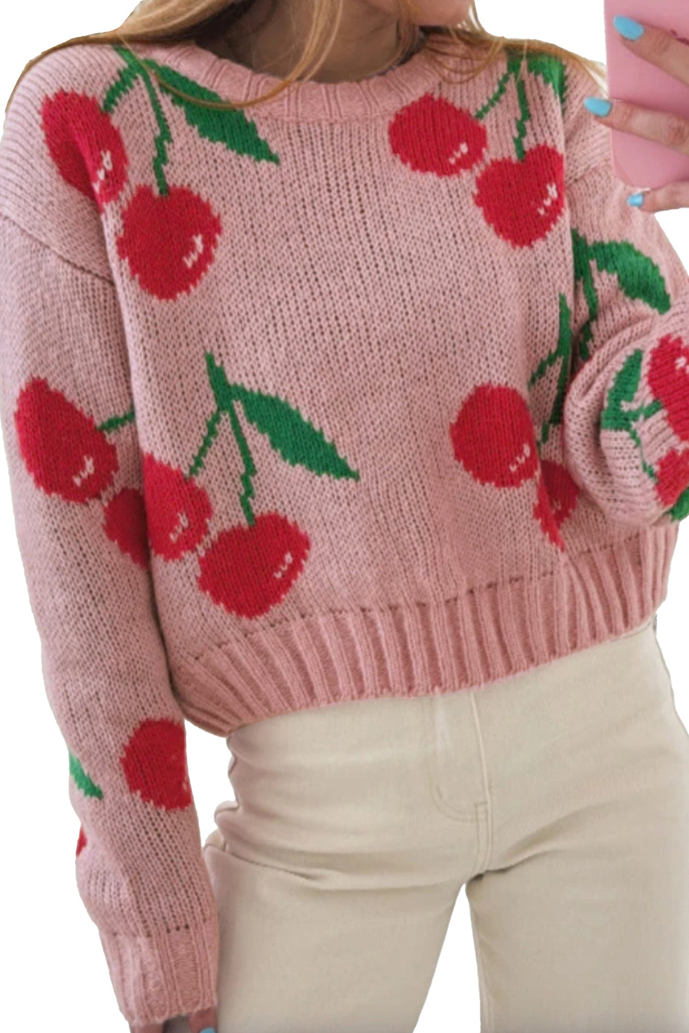 Dainty Cherry Print Loose Cropped Sweater