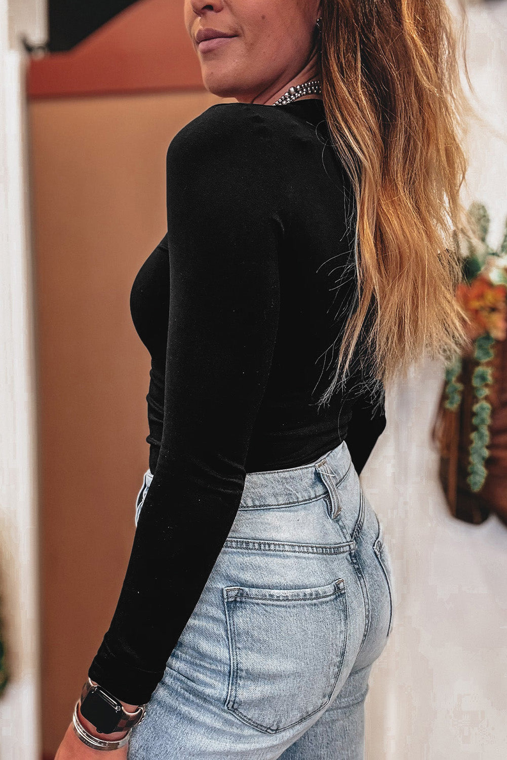 Solid Color Long Sleeve Fitted Top