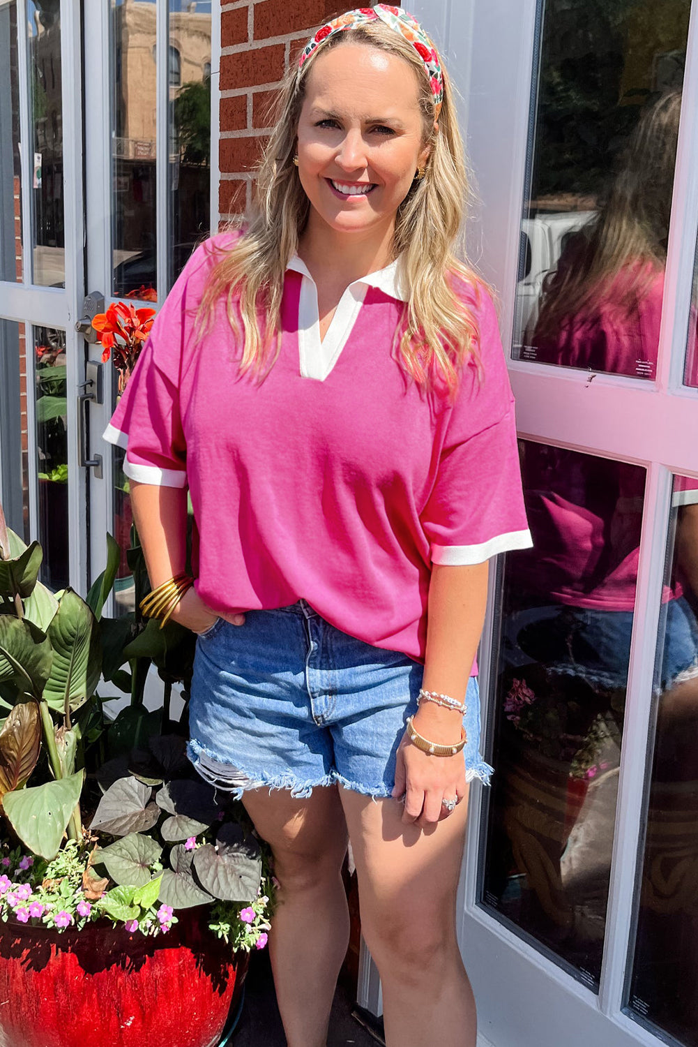 Plus Size Contrast Trim Collared Top