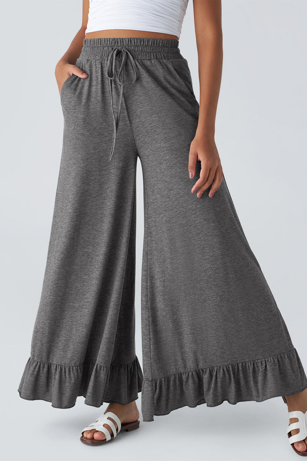 Ruffled Wide Leg Pull On High Waist Pants with Pockets