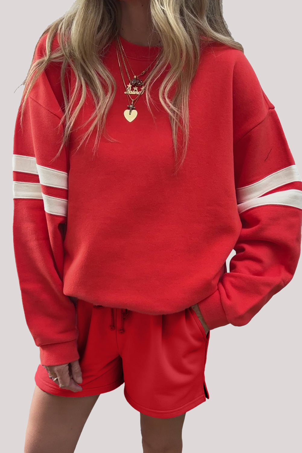Varsity Striped Sleeve Drop Shoulder Sweatshirt and Short Set