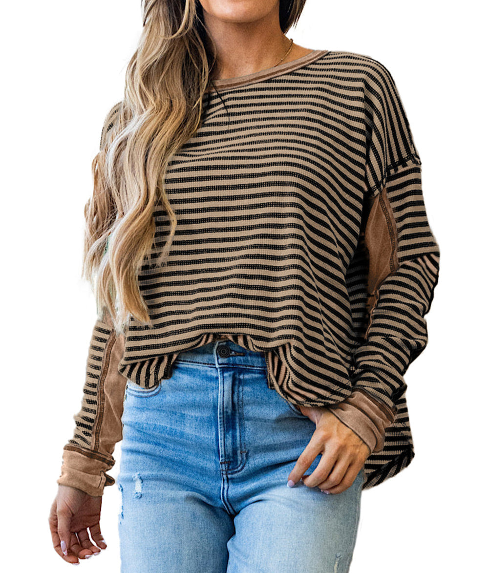 Stripe Thermal Knit Drop Shoulder Casual Top
