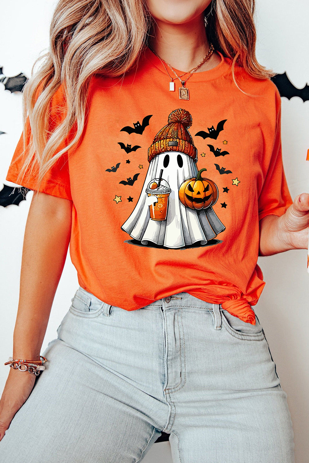 Playful Halloween Ghost Pumpkin Print Womens Casual Tee