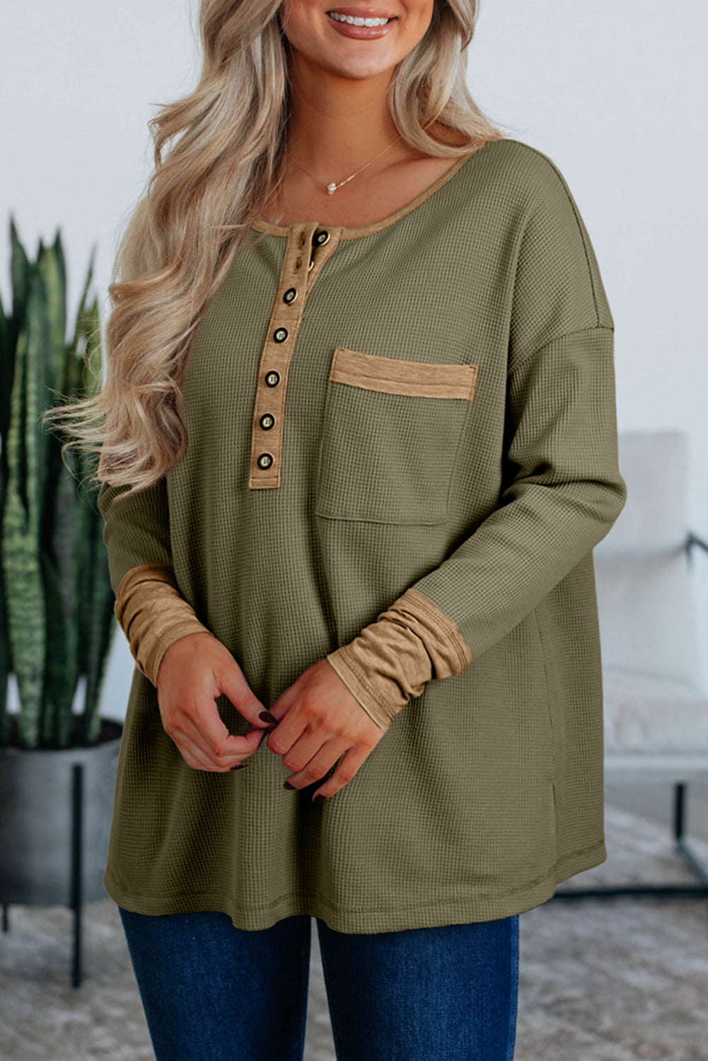 Color Block Waffle Textured Tunic Henley Top with Slits