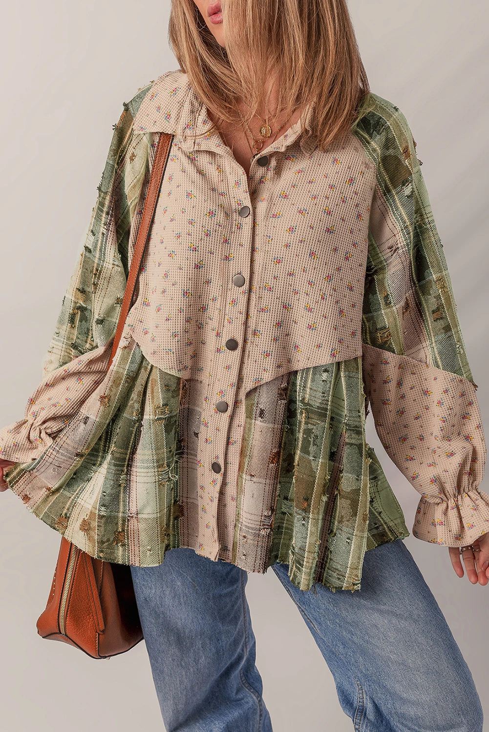 Patchwork Distressed Detail Ruffled Sleeve Waffle Knit Shacket