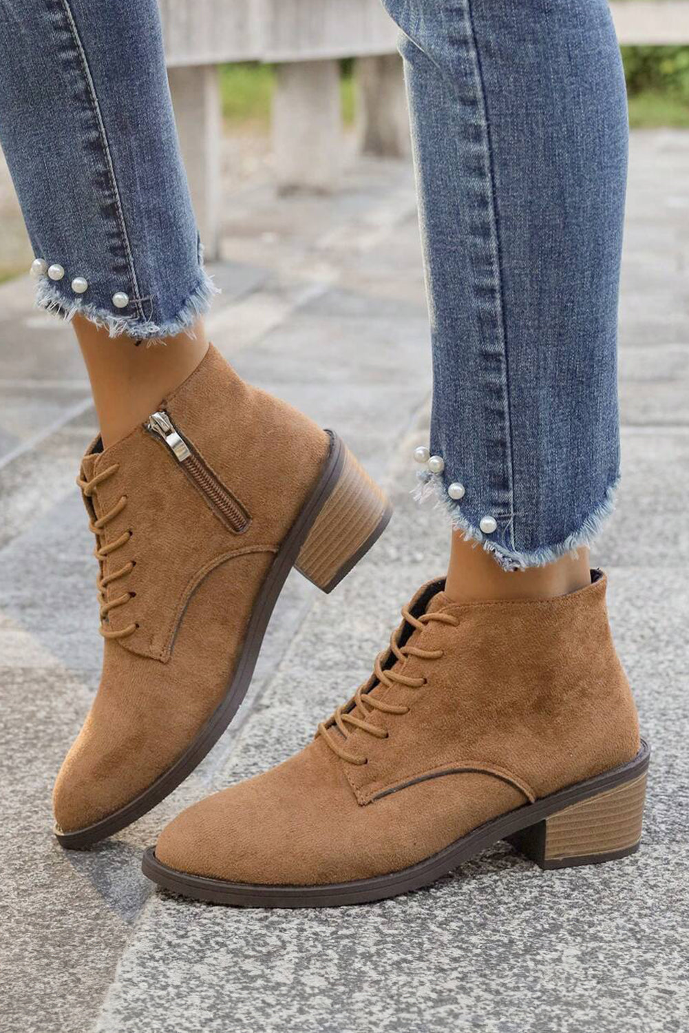 Faux Suede Zip Side Lacing Detail Ankle Boots