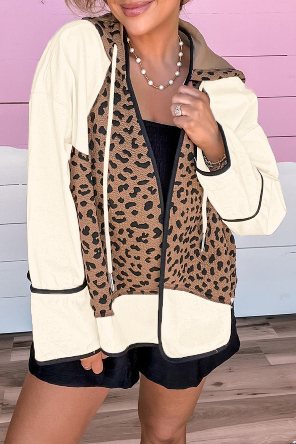 Leopard Star Hooded Patchwork Contrast Piping Open Front Jacket
