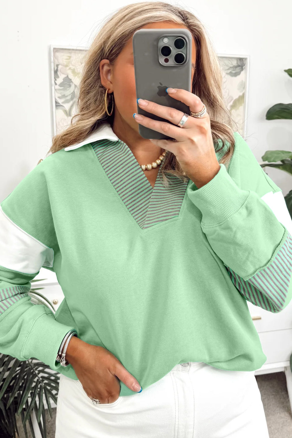 Block Striped Patchwork Collar V Neck Plus Size Sweatshirt