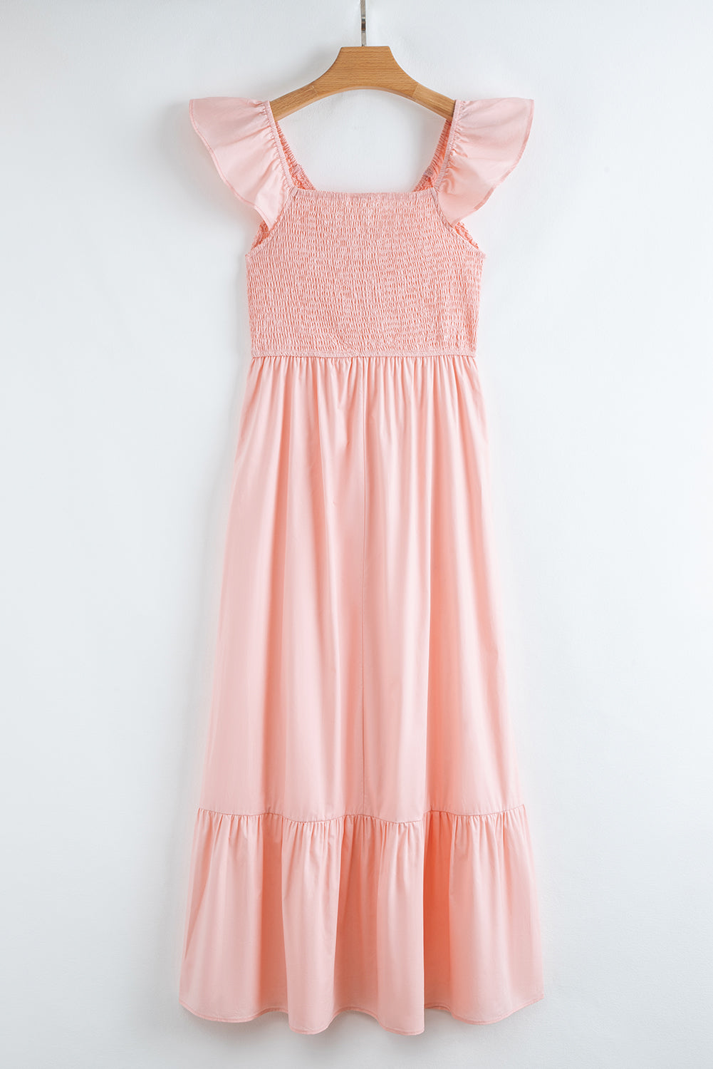 V Neck Flutter Sleeve Smocked Bodice High Waist Ruffle Maxi Dress