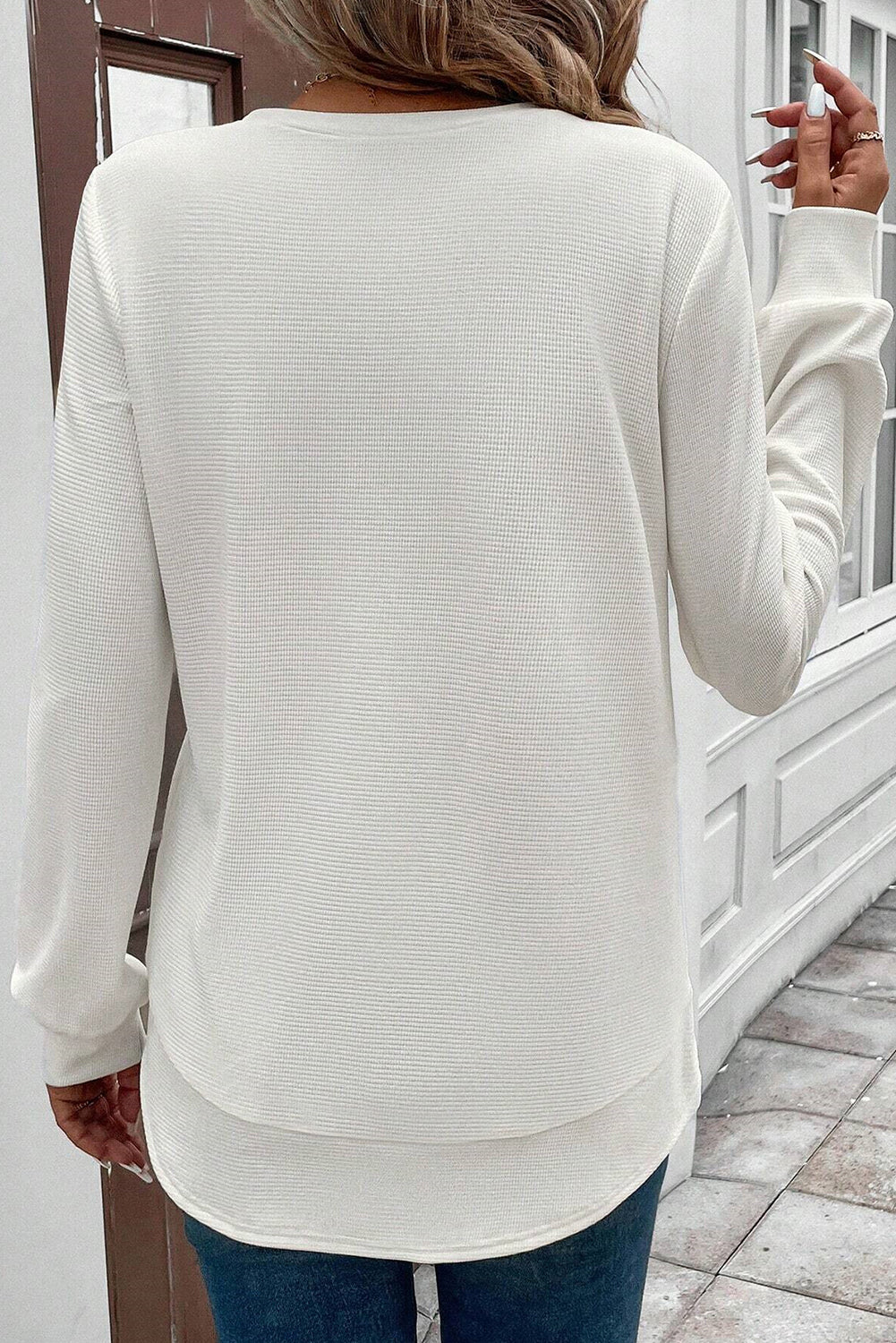 Rounded Hem Waffle Long Sleeve Top