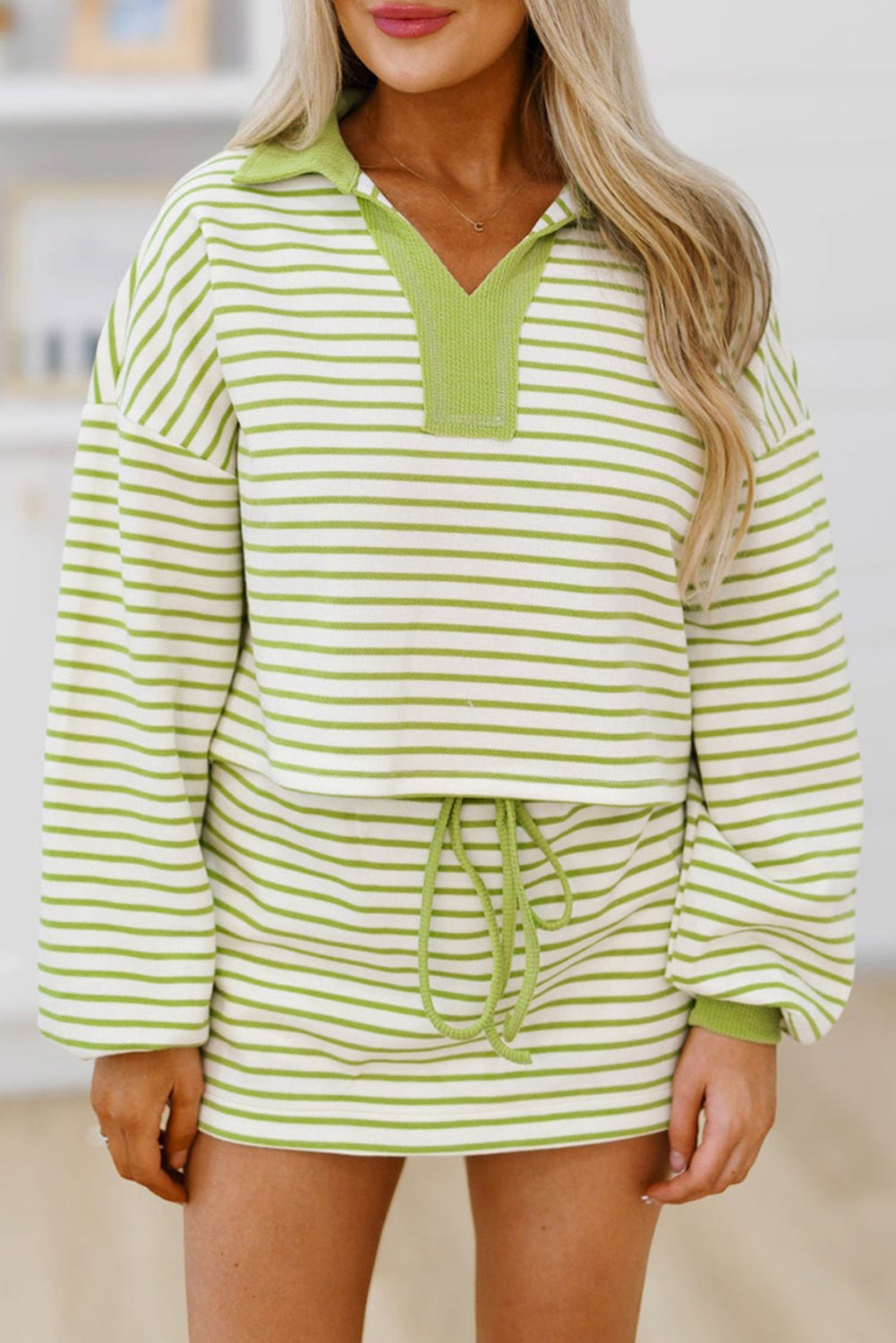 Collared V Neck Drop Shoulder Pullover and Skort 2pcs Outfit
