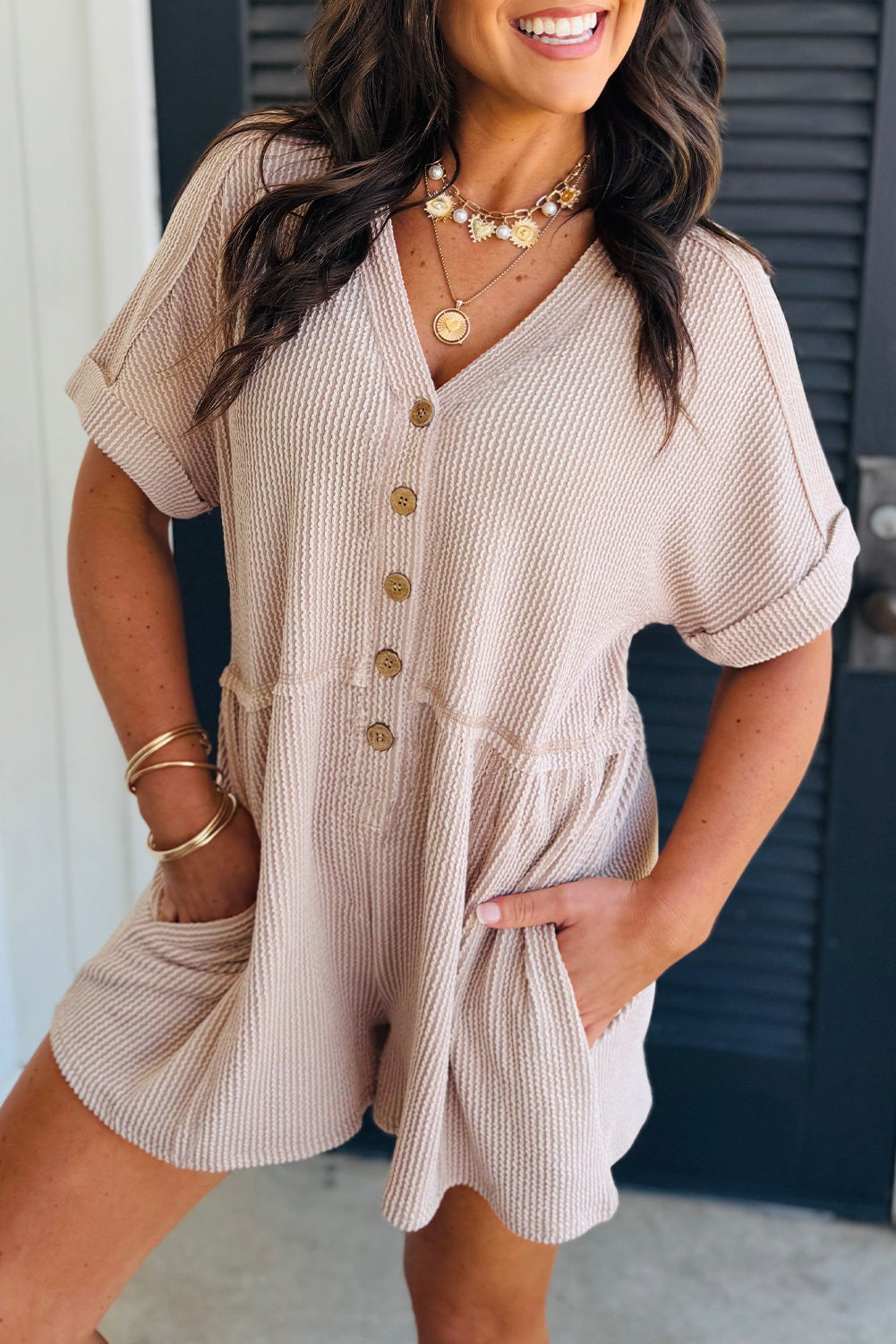 Spiral Ribbed Short Sleeve V Neck Buttoned Romper with Pocket