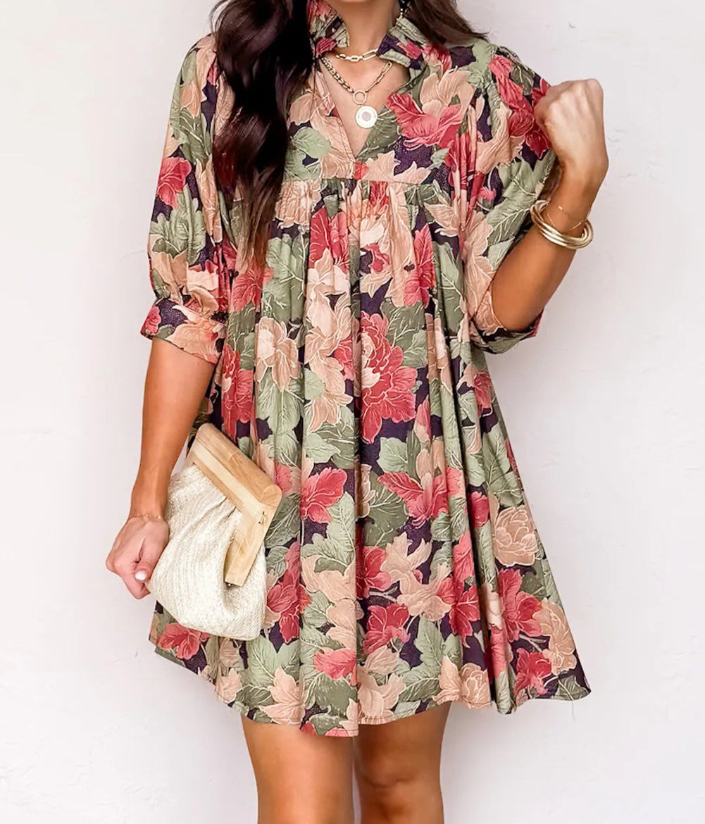Floral Print Frilled Collar V Neck Half Sleeve Mini Dress