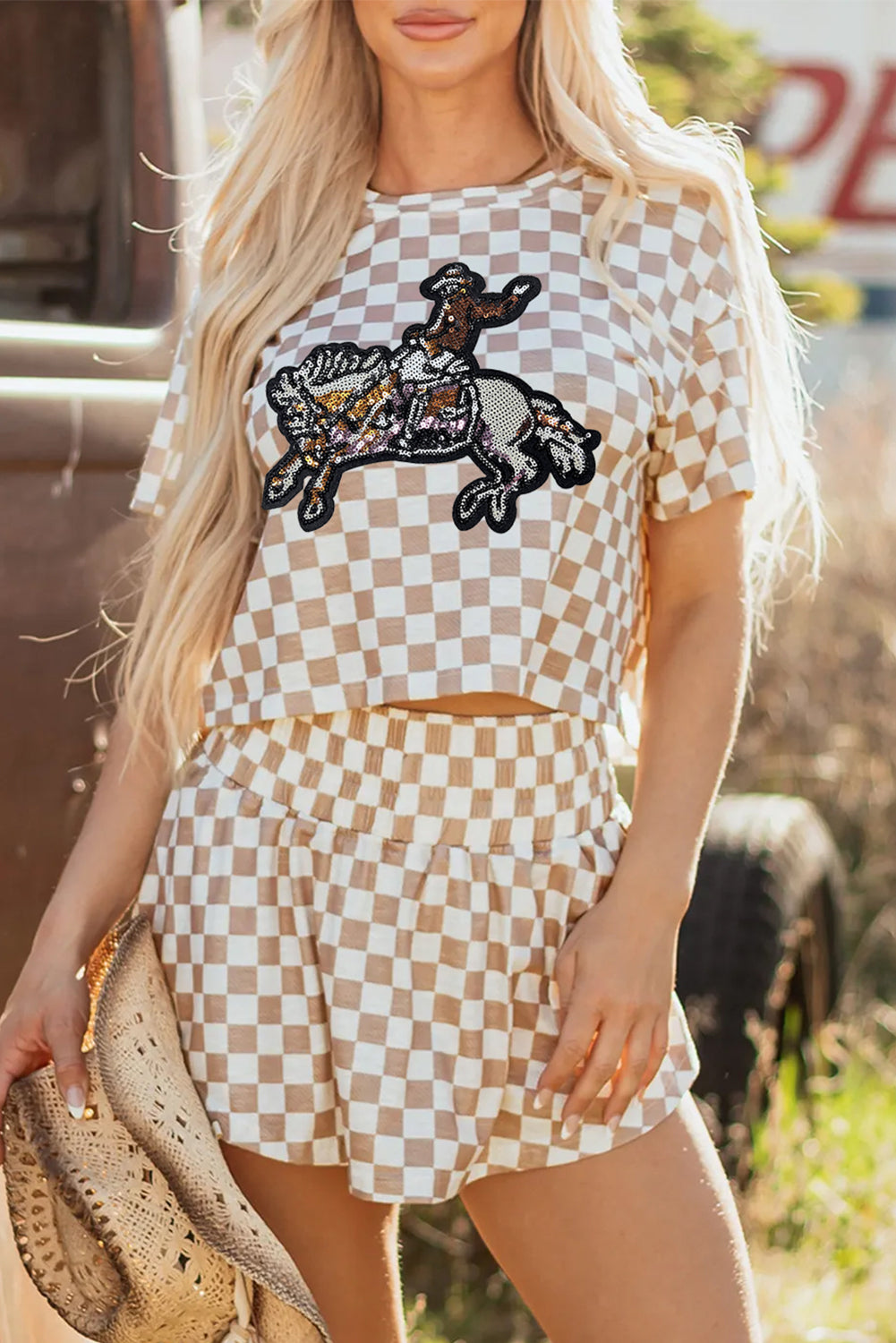 Brown Sequined Rodeo Graphic Checked Cropped Tee and Short Set