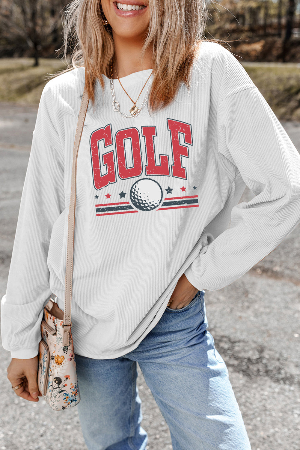 GOLF Ball Print Ribbed Drop Shoulder Baggy Sweatshirt