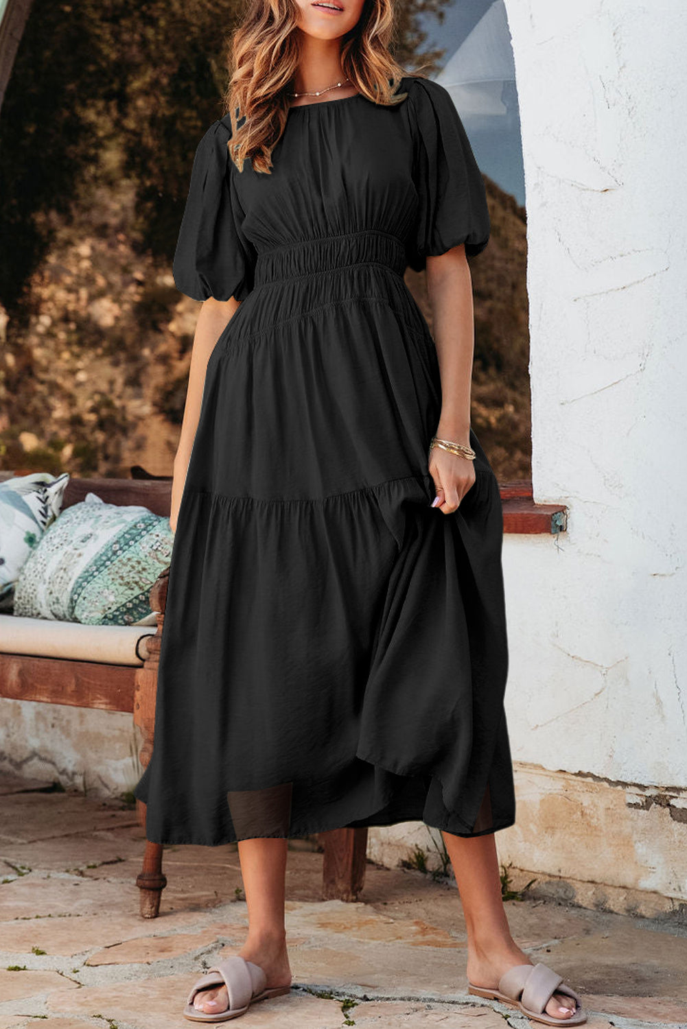 Puff Sleeve Pleated High Waist Flowy Midi Dress