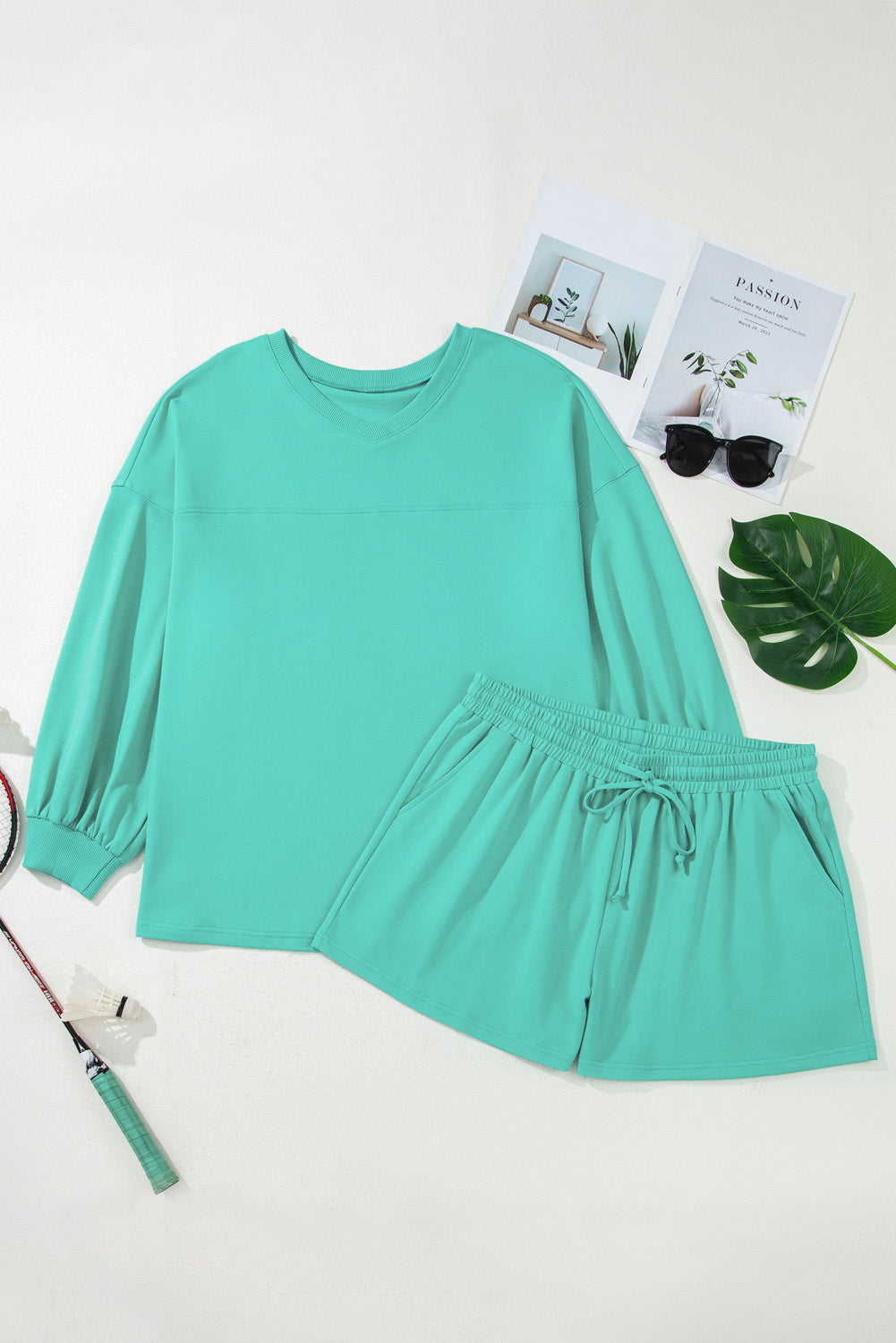 V Neck Pullover Top and Drawstring Short Plus Size Set