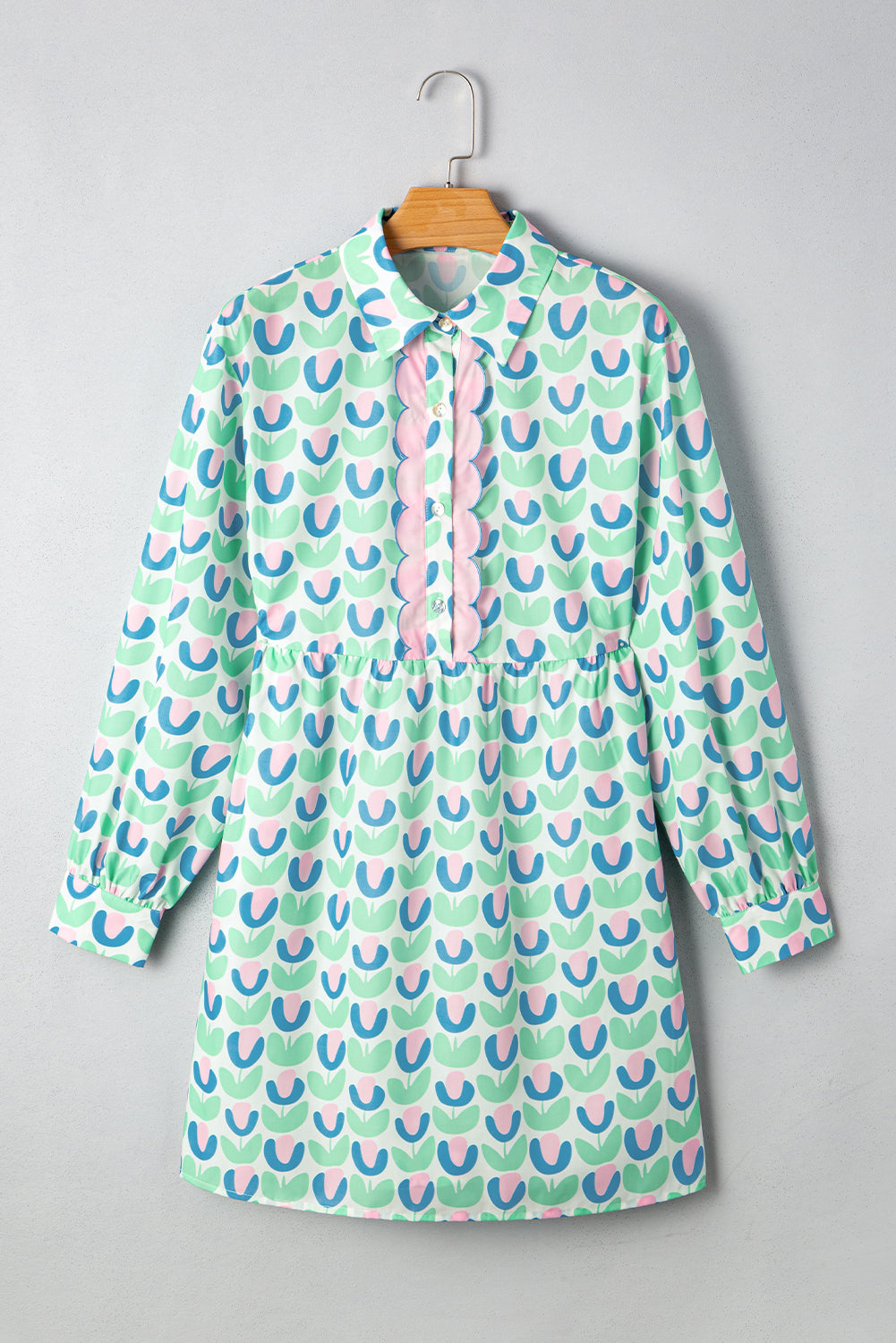 Floral Print Notched Neck Scalloped Detail Long Sleeve Mini Dress