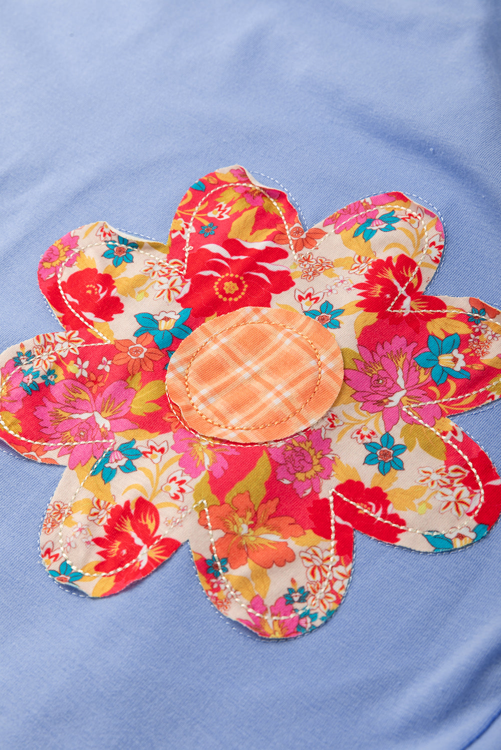 Flower Patched Exposed Stitching Trim Crew Neck Loose Tee