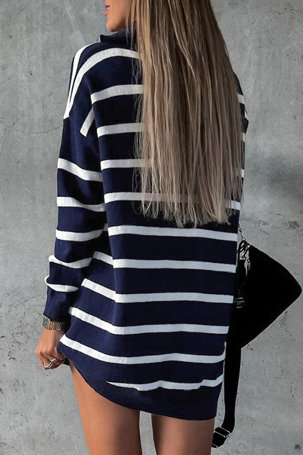 Striped O-ring Zip Collared Loose Sweater Mini Dress
