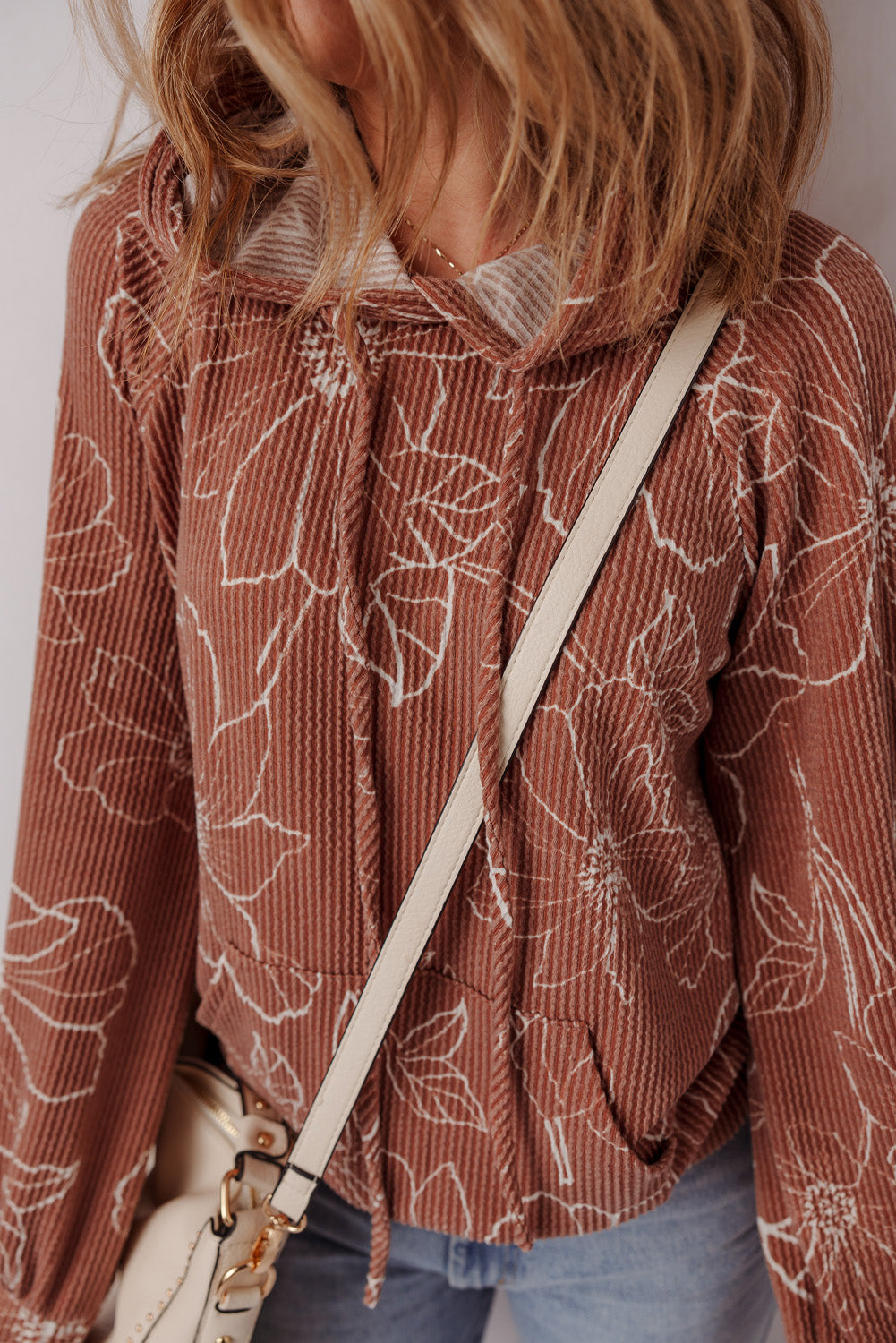 Floral Twisted Rib Drawstring Kangaroo Pocket Hoodie