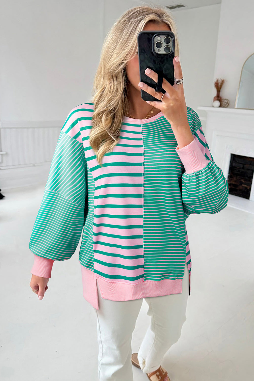 Mix Pattern Color Block Patchwork Side Slit Baggy Sweatshirt