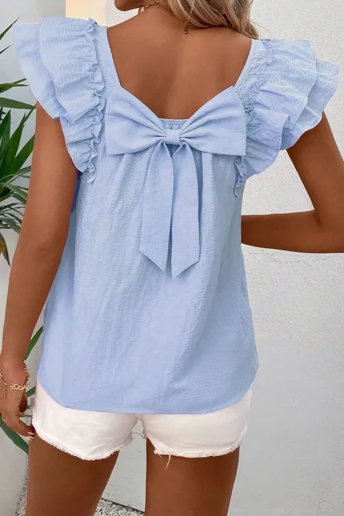 Pink Textured Bow Knot Frilled Butterfly Sleeve Blouse