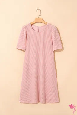 Corded Knit Crew Neck Puff Sleeve Shift Mini Dress