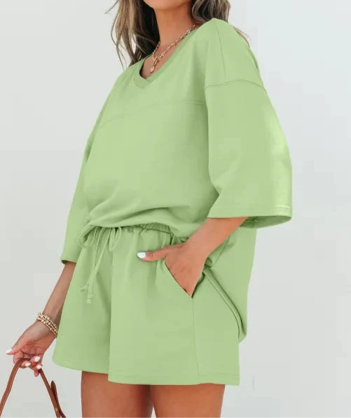 Meadow Mist Green Solid Loose V Neck Half Sleeve Tee and Shorts