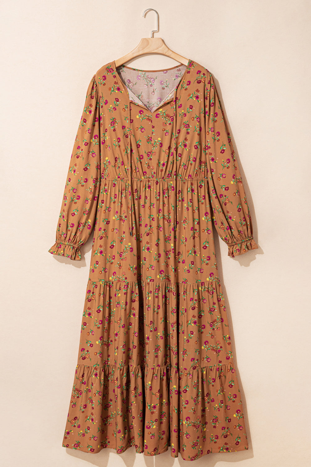 Plus Size Floral Split V Neck Ruffled Sleeve Tiered Maxi Dress