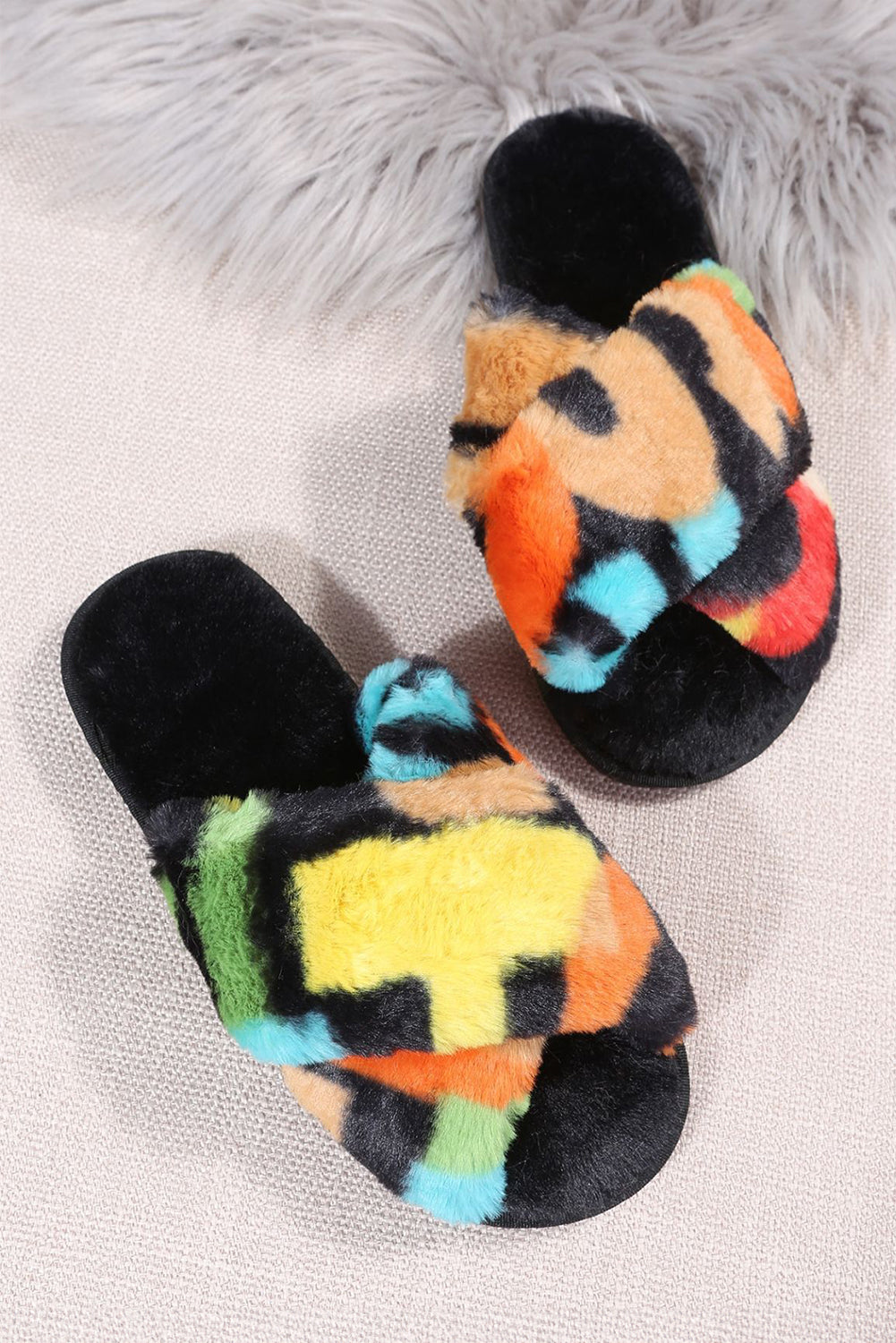 Plush Color Block Cross Strap Home Slippers