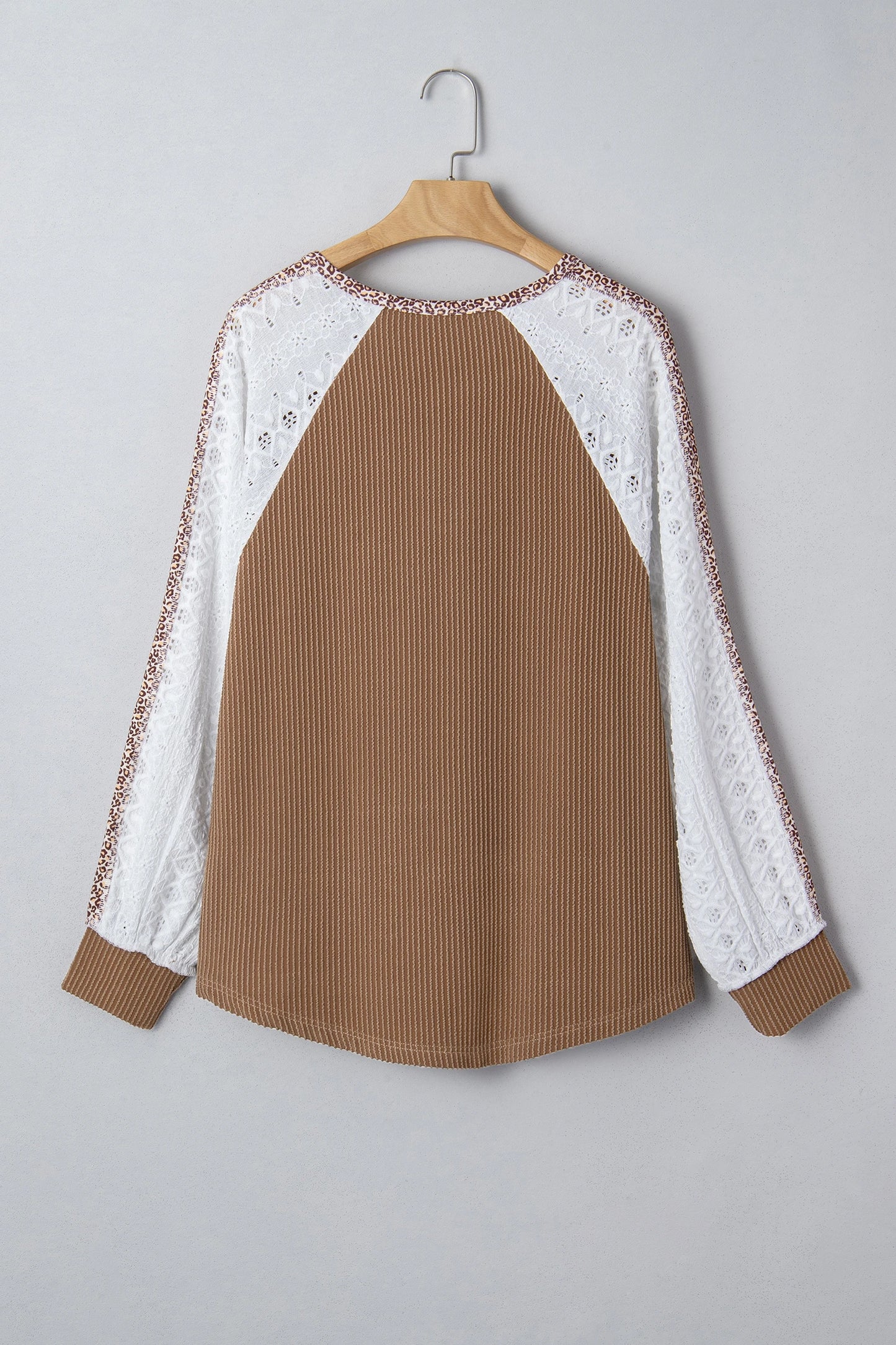 Twisted Ribbed Leopard Lace Contrast Patchwork Long Sleeve Top