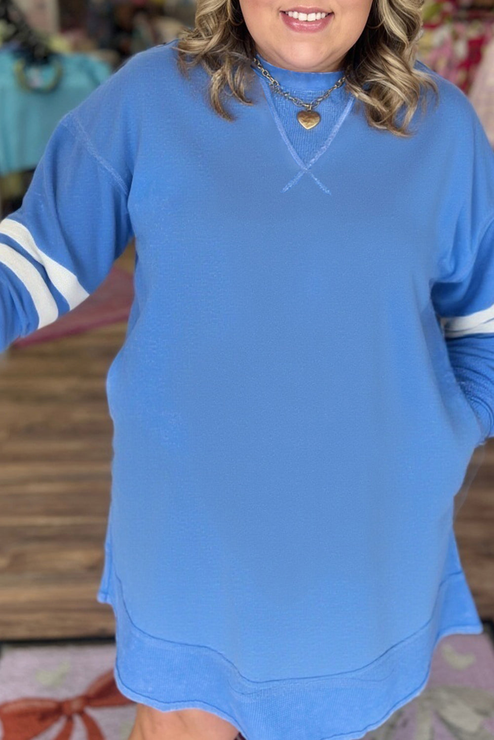 Exposed Seam Detail Varsity Striped Sleeve Plus Size Mini Dress