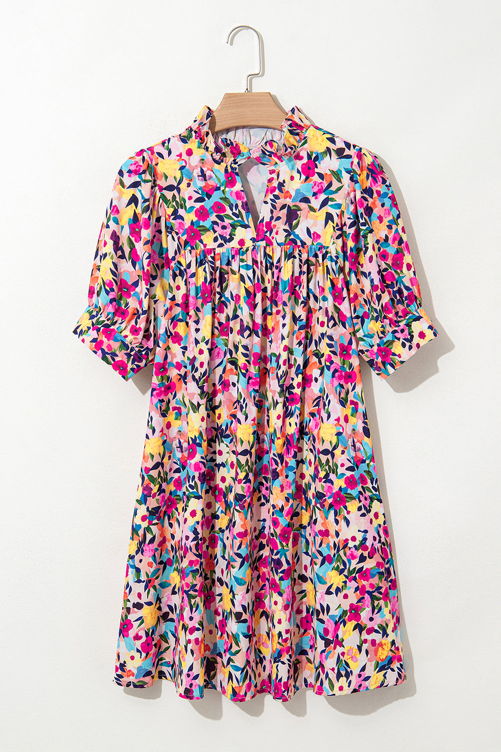 Floral Puff Short Sleeve V Neck Mini Dress