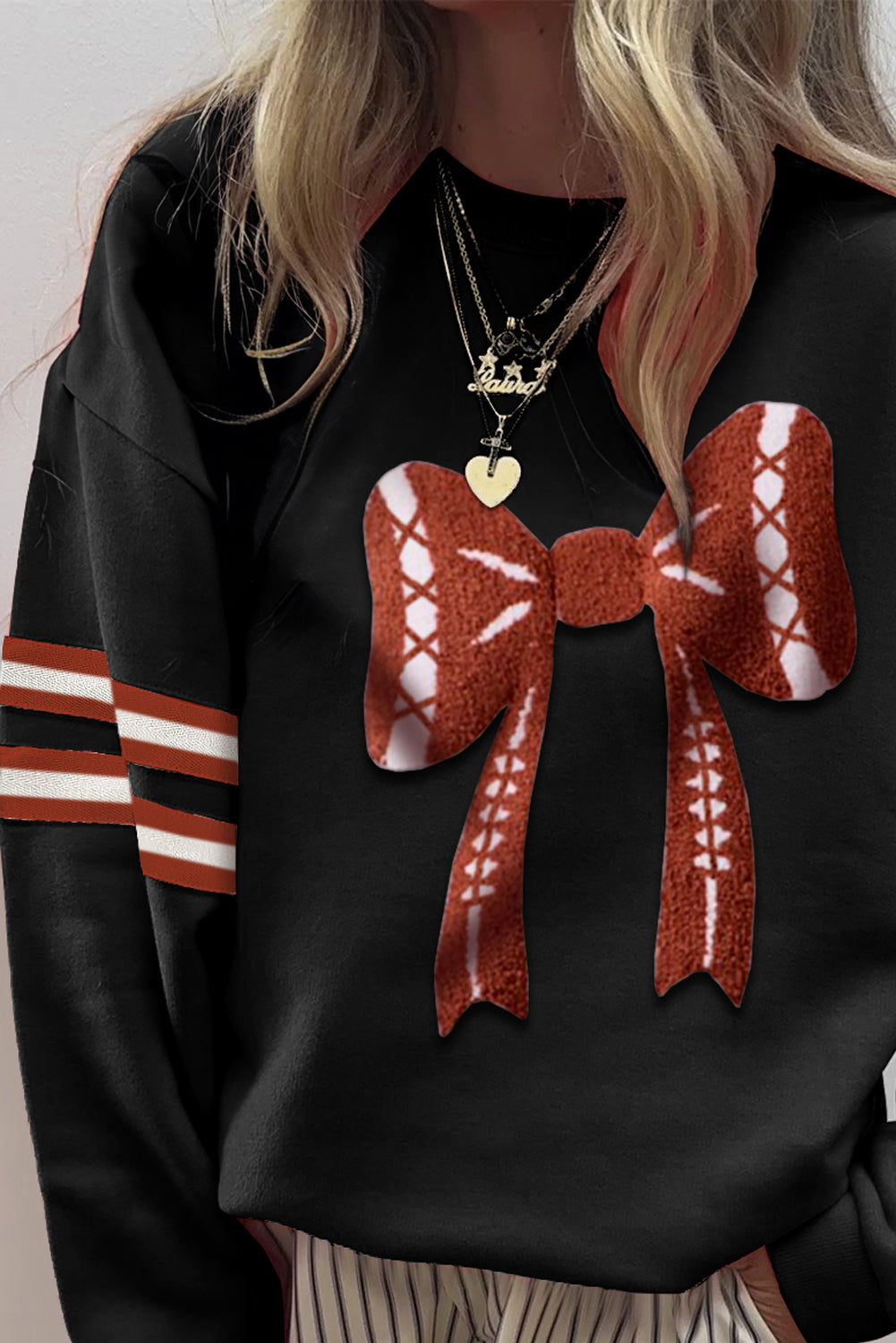 Varsity Baseball Bow Graphic Striped Sleeve Baggy Sweatshirt