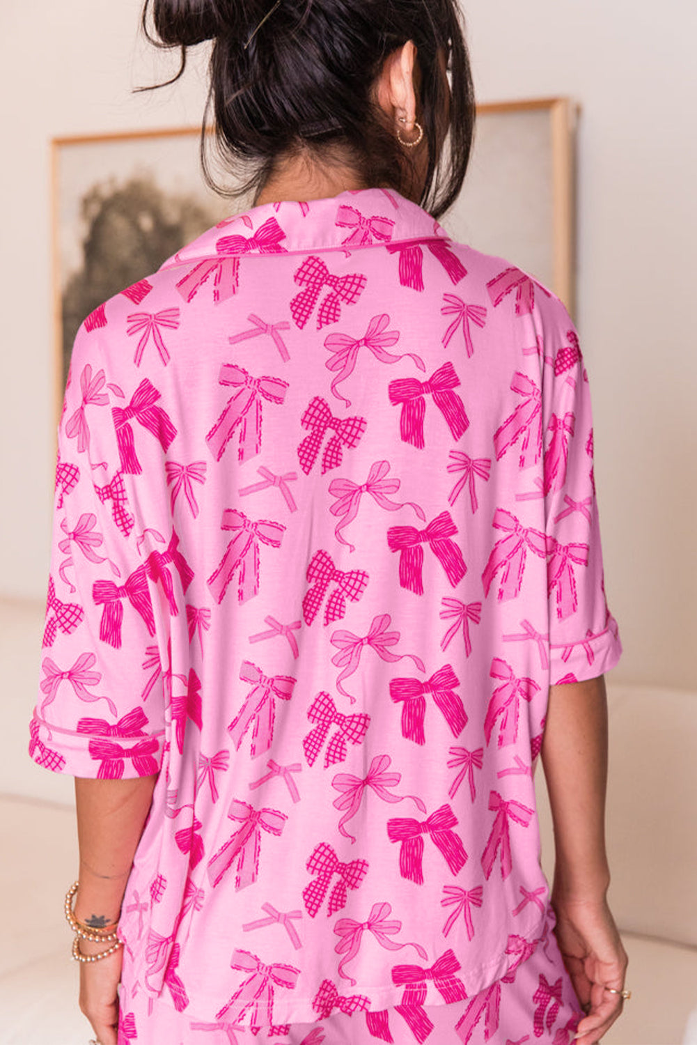 Bow Print Half Sleeve Shirt and Shorts Pajamas Set