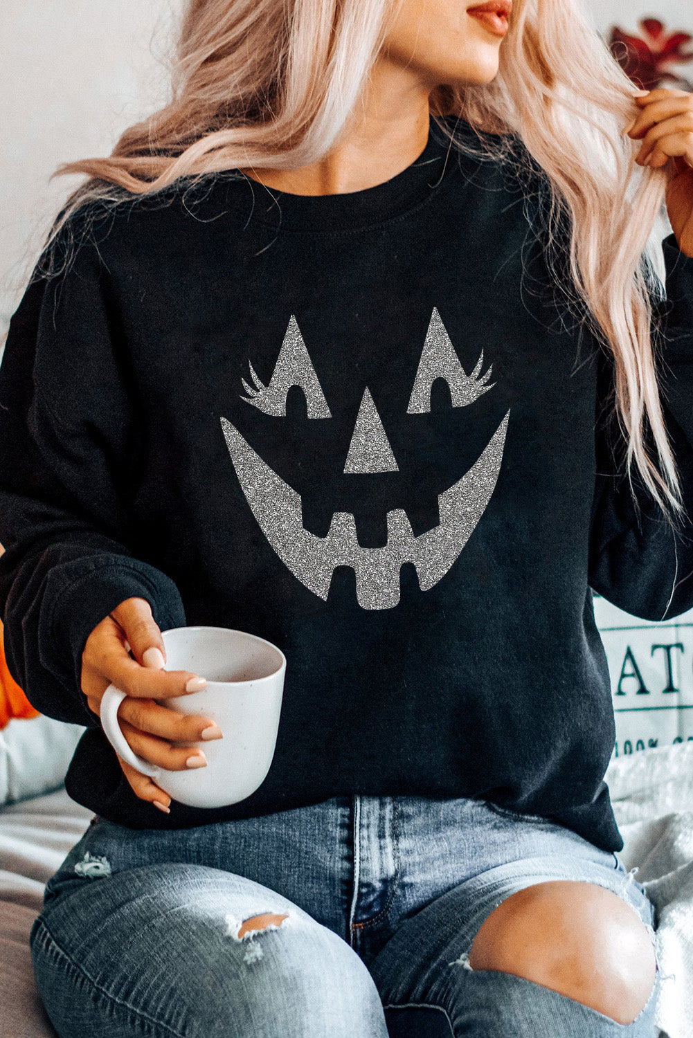 Spooky Face Printed Halloween Fashion Baggy Sweatshirt