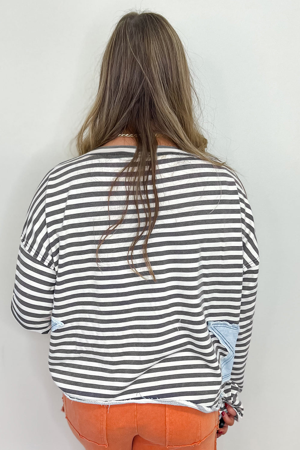 Starry Patch Drop Shoulder Raw Edge Casual Knit Top