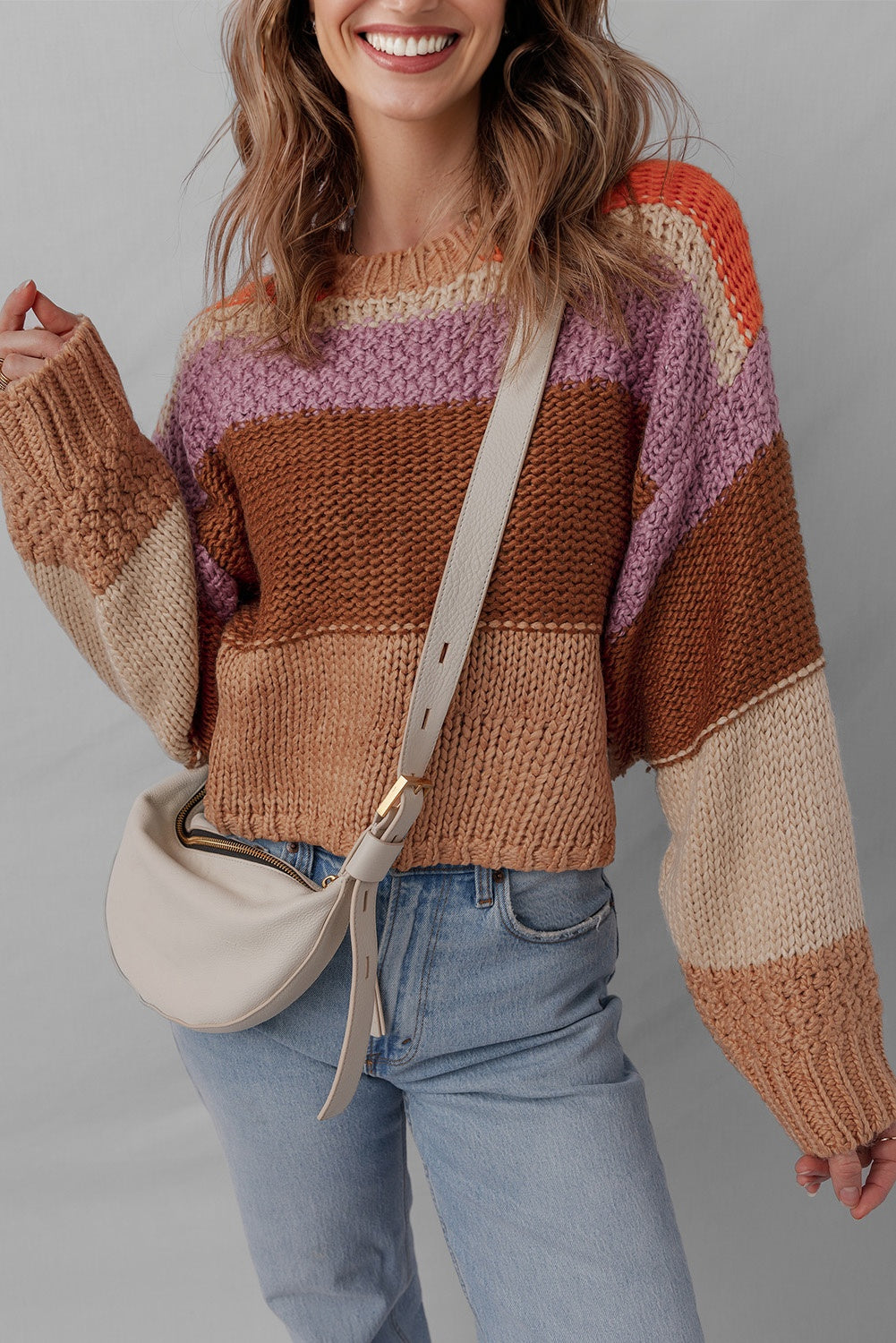Cropped Colorblock Drop Shoulder Knitted Sweater