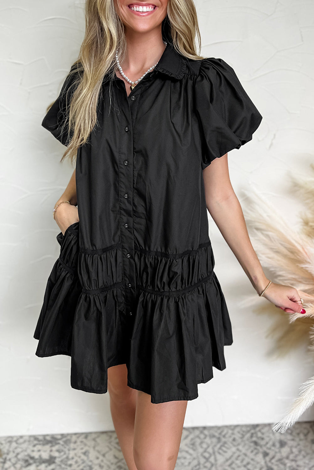 Shirt Style Button Down Puff Sleeve Ruffle Hem Dress