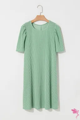 Corded Knit Crew Neck Puff Sleeve Shift Mini Dress