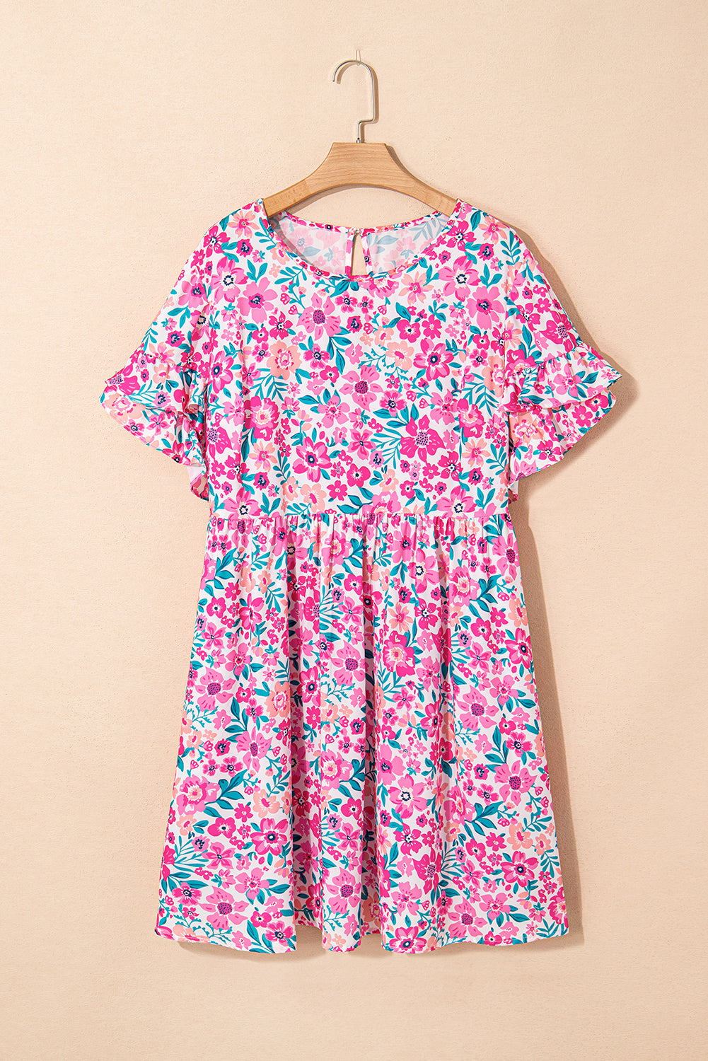 Plus Size Floral Print Frilled Short Sleeve Flare Dress