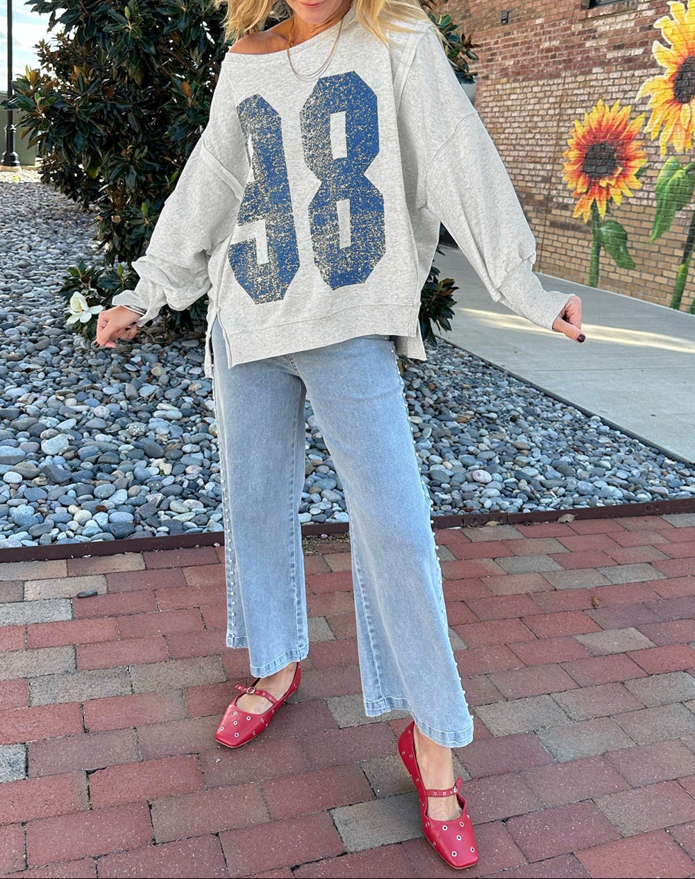 Faded Varsity Print Loose Pullover Top