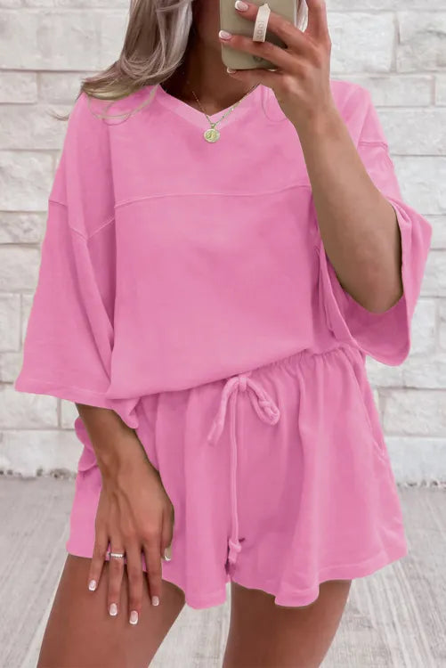 Meadow Mist Green Solid Loose V Neck Half Sleeve Tee and Shorts