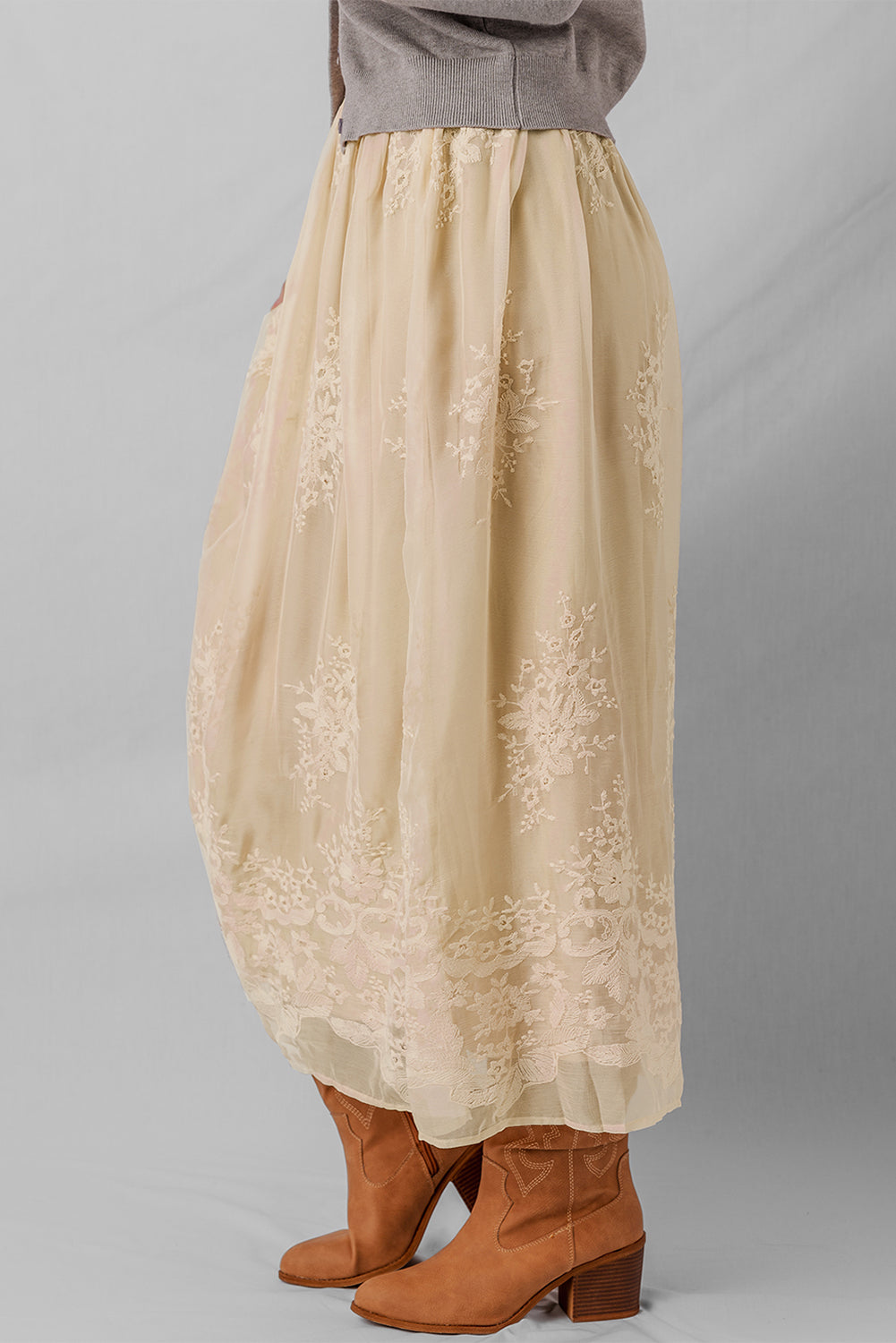 Embroidered Mesh Overlay Flowy Long Skirt