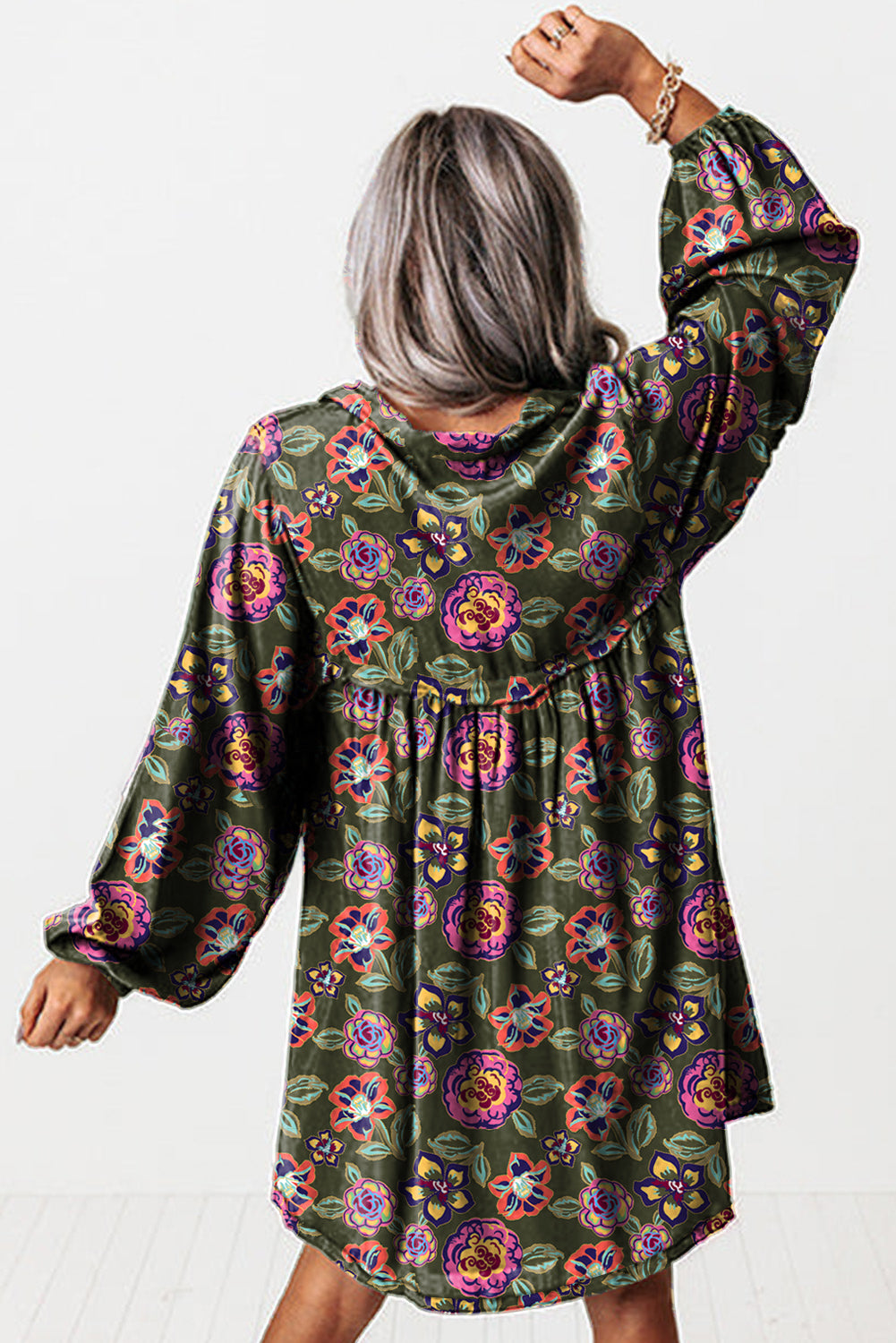 Floral Print Split Neck Bubble Sleeve Shift Mini Dress