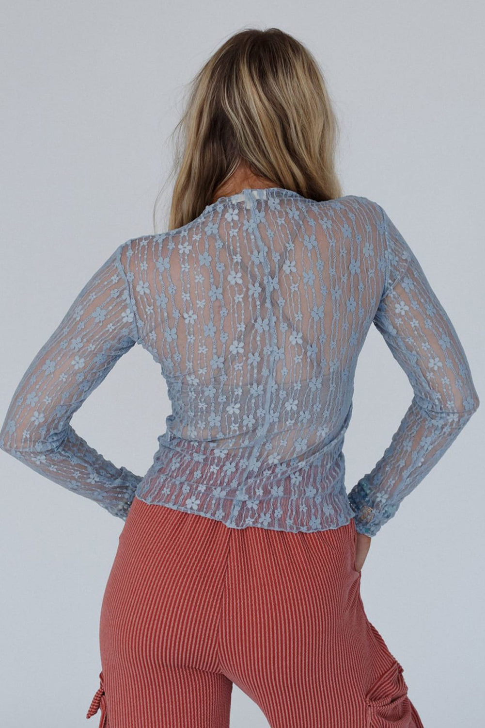 Sheer Floral Lace Long Sleeve Slim Fit Top